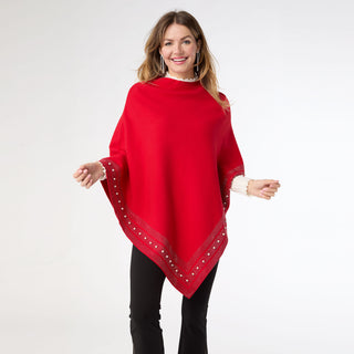 Liora Poncho with Rhinestone and Pearl Trim - Red