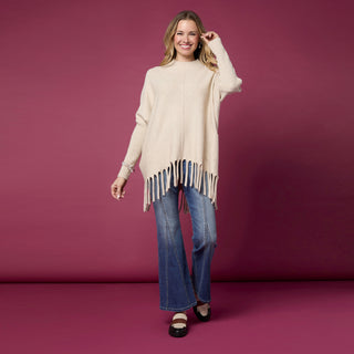 Heavenly-Luxe Flowy Mock Neck Fringe Sweater - Mid Heather Grey