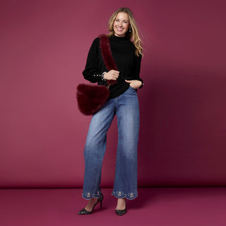 Bambu Soft Wide Leg Scalloped Bottom with Pearls - Medium Denim