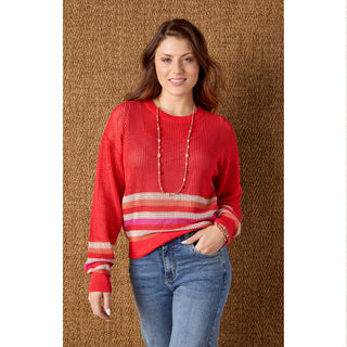 Silene Open-Stitch Sweater with Bottom Stripe - Red