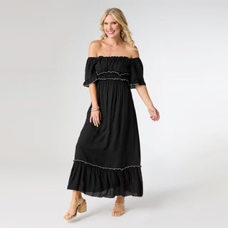 Lydia Tiered Maxi Dress with Flutter Sleeves - Black