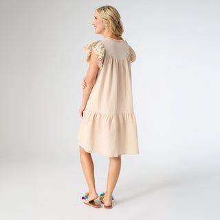 Freya Embroidered Dress with Flutter Sleeve - Beige
