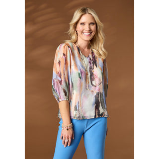 Corey Printed Elbow Sleeve V-Neck Top - Soft Pastels