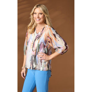 Corey Printed Elbow Sleeve V-Neck Top - Soft Pastels
