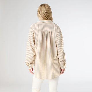Kathy Relaxed Fit Button Front Striped Top - Taupe