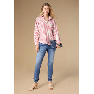 Kathy Relaxed Fit Button Front Striped Top - Taupe