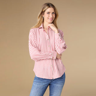 Kathy Relaxed Fit Button Front Striped Top - Taupe