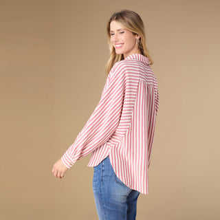 Kathy Relaxed Fit Button Front Striped Top - Taupe