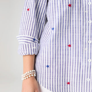 Patriotic Striped Blouse with Stars - Blue/White