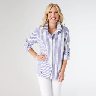 Patriotic Striped Blouse with Stars - Blue/White