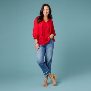 Hattie V-Neck Top with Embroidered Star - Tango Red