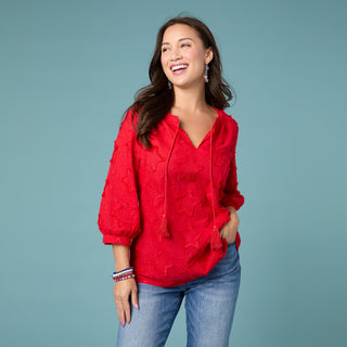 Hattie V-Neck Top with Embroidered Star - Tango Red