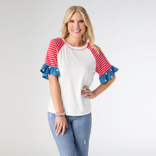 Eva Tee with Striped Ruffle Sleeve - White