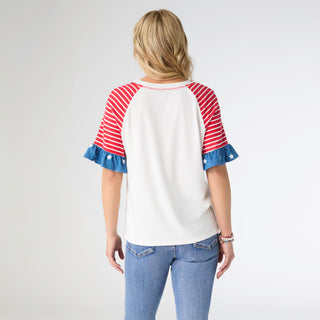 Eva Tee with Striped Ruffle Sleeve - White