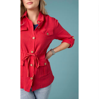 Hazel Gauze Button Front Cardigan - Tango Red