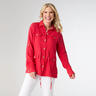 Hazel Gauze Button Front Cardigan - Tango Red
