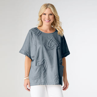 Lisa Relaxed Fit Top with Raised Hearts - Dusty Blue