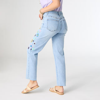 EverStretch Straight Ankle with Side Flower Embroidery - Light Denim