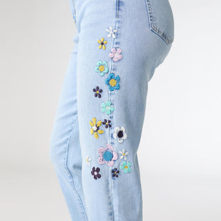 EverStretch Straight Ankle with Side Flower Embroidery - Light Denim