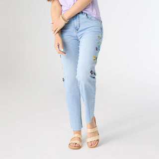 EverStretch Straight Ankle with Side Flower Embroidery - Light Denim