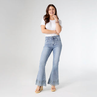 EverStretch Flare with Scalloped Flower Cut-Out - Light Denim