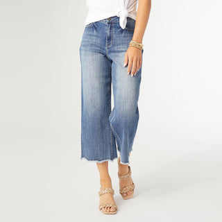 Bambu Soft Wide Leg Raw Bottom Capri - Medium Denim