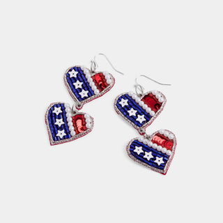 Beaded Heart Earrings - Red/White/Blue