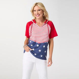 Brianna Hooded Tee with Stars & Stripes - Red/Blue