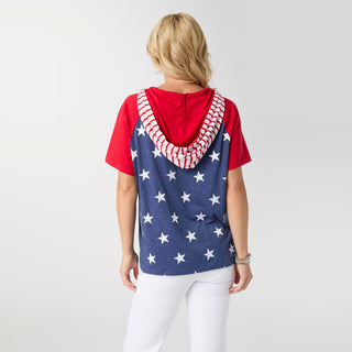 Brianna Hooded Tee with Stars & Stripes - Red/Blue