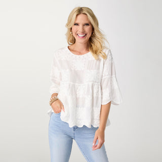Elyse 3/4 Sleeve Embroidered Babydoll Top - White