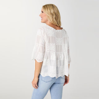 Elyse 3/4 Sleeve Embroidered Babydoll Top - White