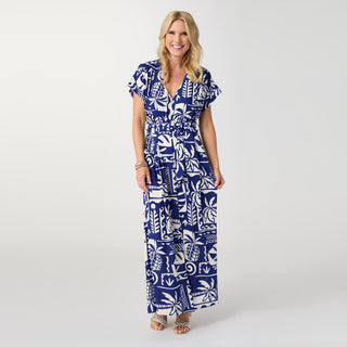 Magnolia Short Sleeve V-Neck Dress with Tie - Cobalt/Ivory