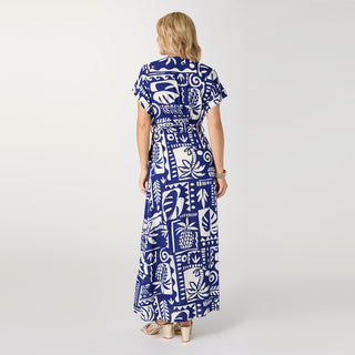 Magnolia Short Sleeve V-Neck Dress with Tie - Cobalt/Ivory