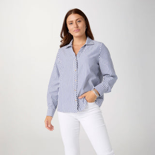 Mabel Long Sleeve Striped Button Front Top - Navy/White