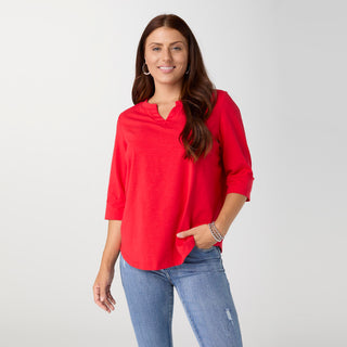 Saylor Notch Neck Elbow Sleeve Top - Bright Red
