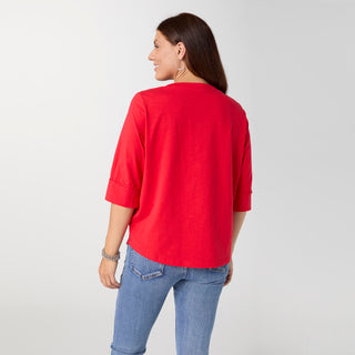 Saylor Notch Neck Elbow Sleeve Top - Bright Red