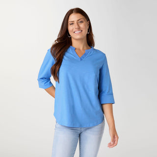 Saylor Notch Neck Elbow Sleeve Top - Royal Blue