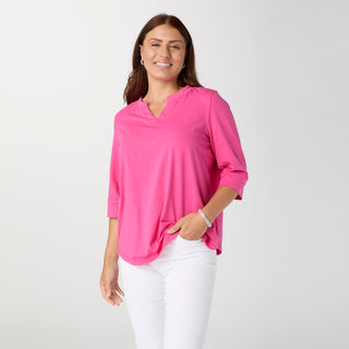 Saylor Notch Neck Elbow Sleeve Top - Pink Glo