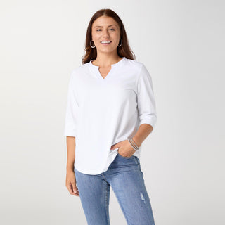 Saylor Notch Neck Elbow Sleeve Top - White