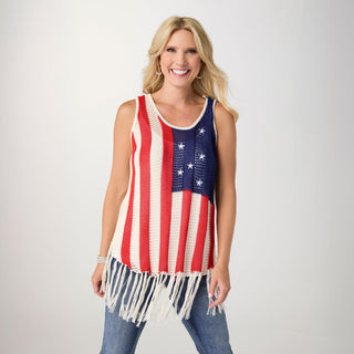 Jordyn Open Weave Fringe Flag Tank - Ivory/Red/Navy