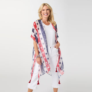 Stars and Stripes Lightweight Wrap with Tassels - Red/White/Blue