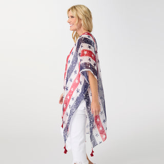 Stars and Stripes Lightweight Wrap with Tassels - Red/White/Blue