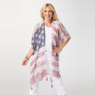 Vintage Lightweight Americana Wrap with Tassels - Red/White/Blue