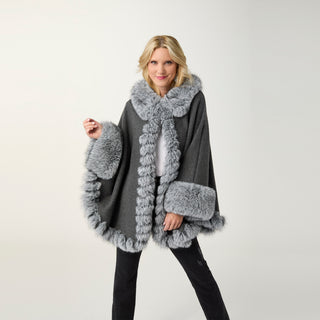 Mira Wrap with Faux Fur Trim - Grey