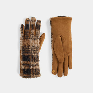 Subtle Sherpa Plaid Touchscreen Gloves - Dark Tan