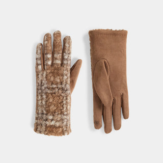 Subtle Sherpa Plaid Touchscreen Gloves - Tan