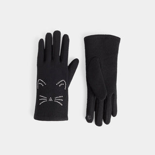 Bedazzle Cat Touchscreen Gloves - Black