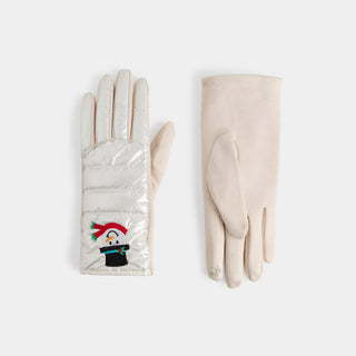 Embroidered Snowman Touchscreen Gloves - Iridescent White