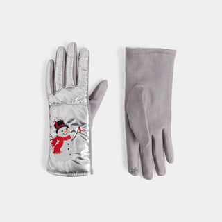 Embroidered Snowman with Cardinal Touchscreen Gloves - Silver