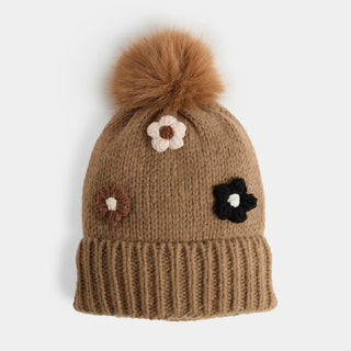 Flower Embellished Knit Hat - Taupe